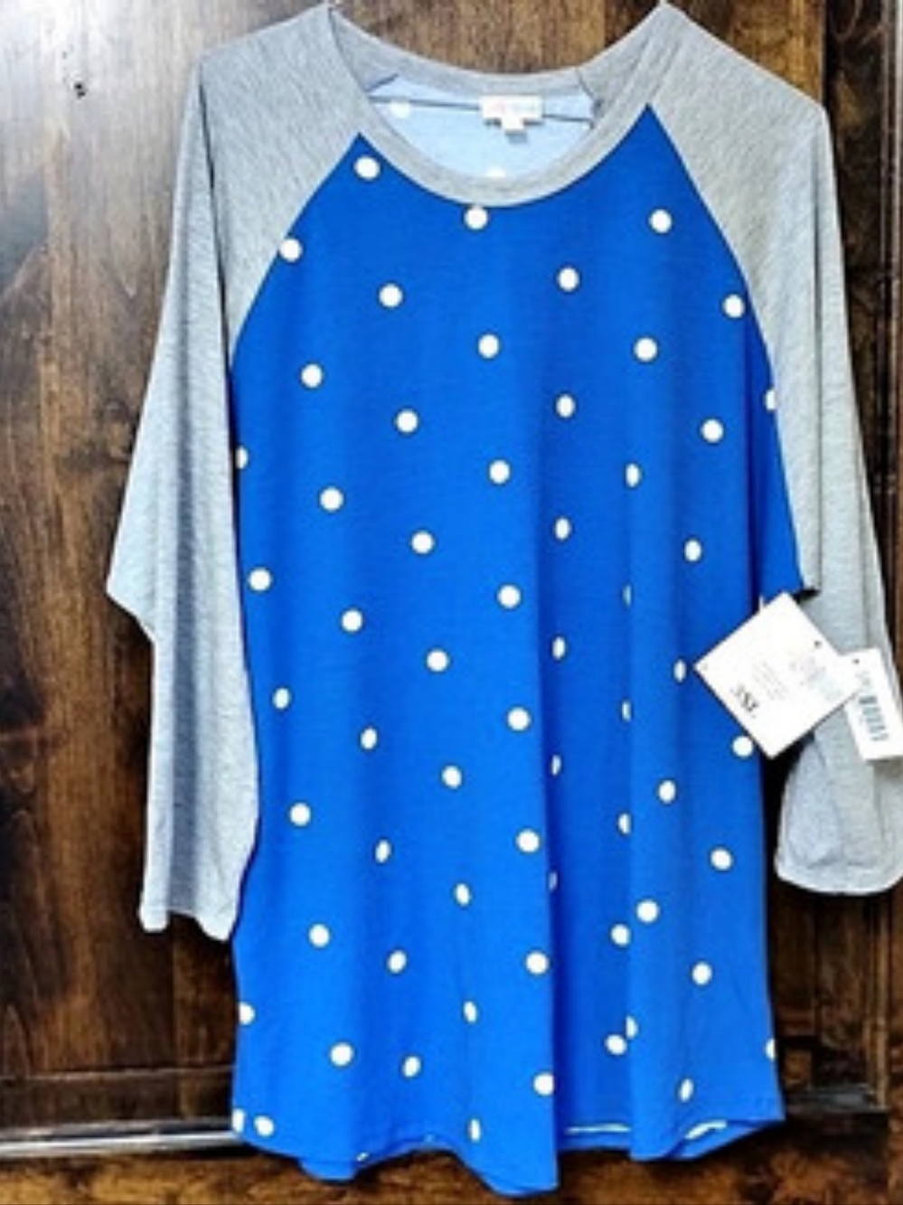 LuLaRoe Randy Tee Polka Dot Long Sleeve Blue & Gray 3XL